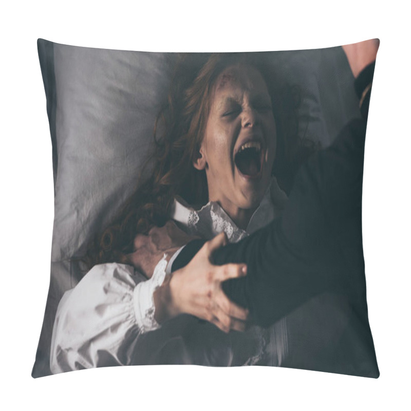 Personality  Exorcist Holding Yelling Female Demon In Bed Pillow Covers