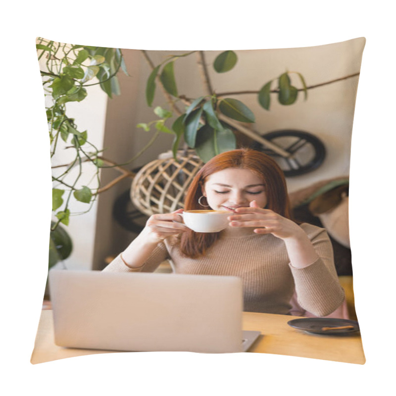 Personality  Cheerful Young Woman With Red Hair Holding Cup Of Coffee Near Laptop In Cafe  Pillow Covers