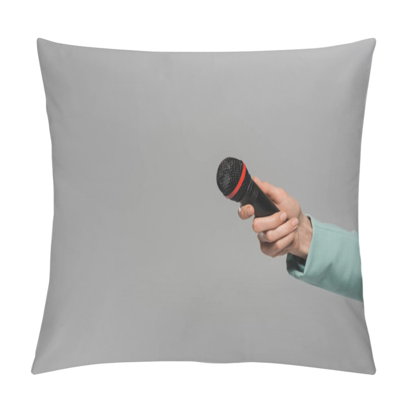 Personality  Cropped View Of Hand Of Host Of Event In Blue Jacket Holding Black And Wireless Microphone During Holiday While Standing Isolated On Grey   Pillow Covers