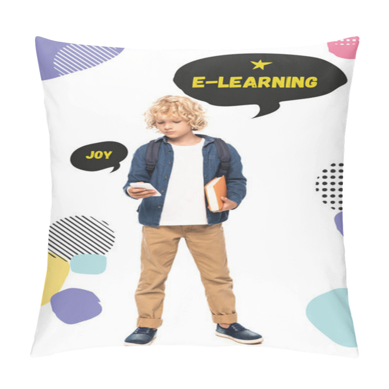 Personality  Blonde Schoolboy Holding Book And Using Smartphone Near Speech Bubbles With Joy And E-learning Words On White  Pillow Covers