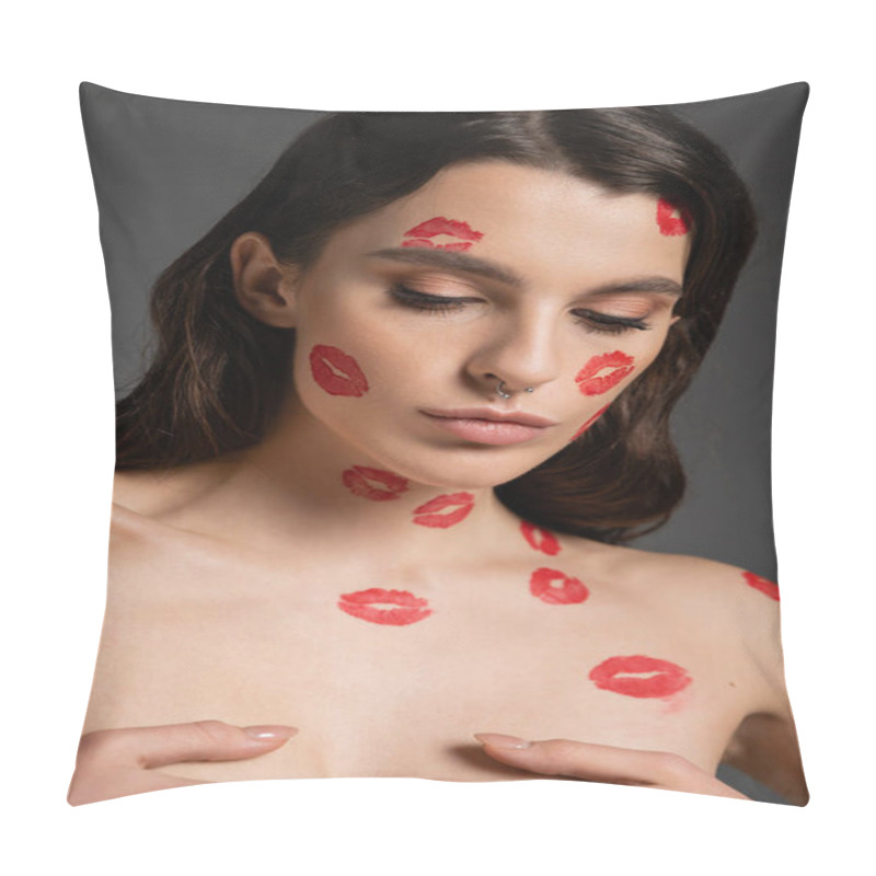 Personality  Sensual Shirtless Woman With Red Kisses On Body And Face Covering Breast With Hands Isolated On Grey Pillow Covers