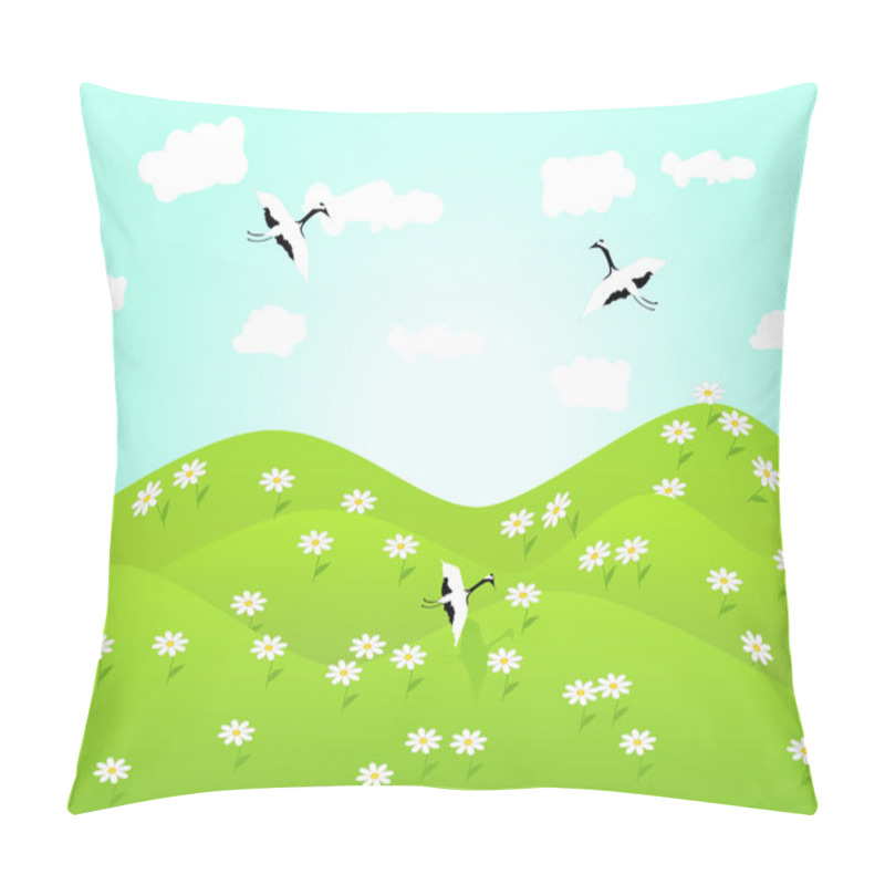 Personality  Lovely Landscape With Flowers On Green Hills And Birds Pillow Covers