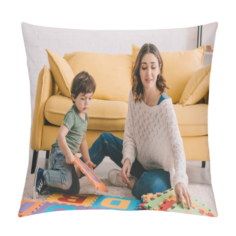 Personality  Mother And Son Playing With Alphabet Puzzle Mat On Carpet Pillow Covers