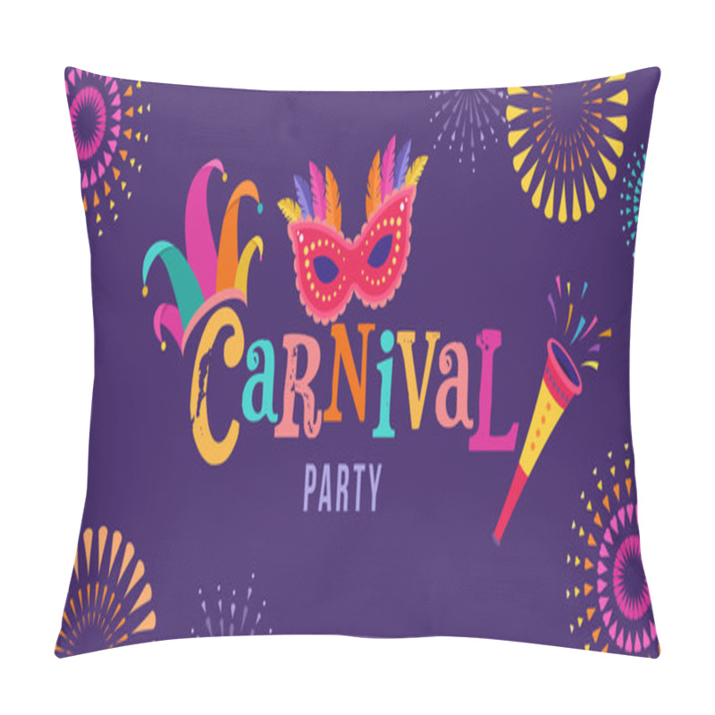 Personality  Carnival, Party, Rio Carnaval, Purim Background With Confetti, Music Instruments, Masks, Clown Hat And Fireworks. Vector Illustration Pillow Covers