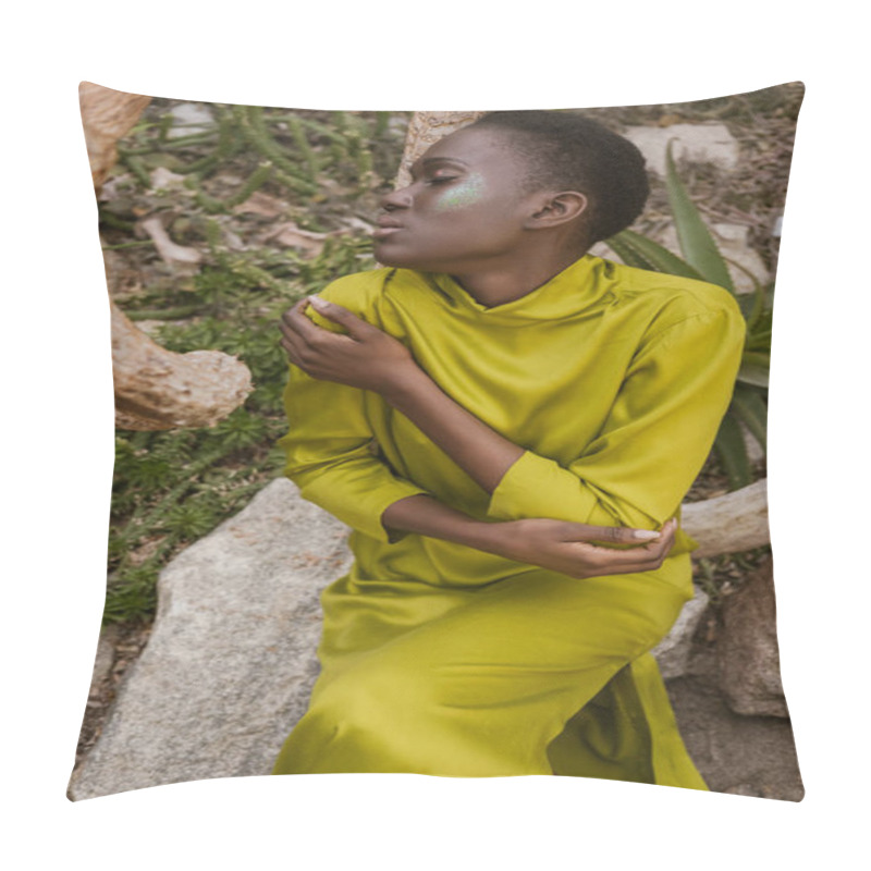 Personality  Tender African American Woman With Closed Eyes And Glitter Makeup Posing In Tropical Garden Pillow Covers