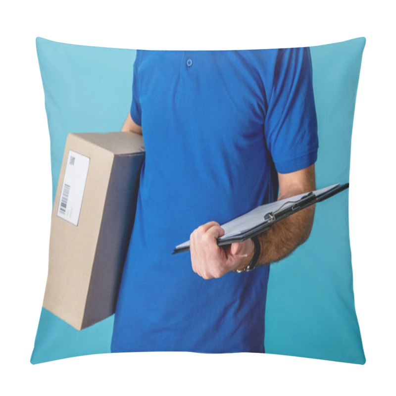 Personality  Cropped View Of Delivery Man Holding Clipboard And Cardboard Package Isolated On Blue Pillow Covers