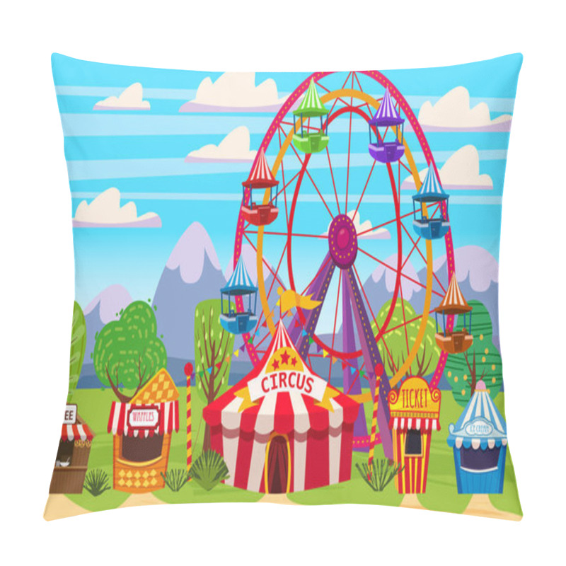 Personality  Amusement Park, A Landscape With A Circus, Carousels, Carnival, Attraction And Entertainment, Ice Cream Stall, Drinks Tent, Waffles, Ticket Office. Vector Illustration, Isolated, Cartoon Style, Banner Pillow Covers