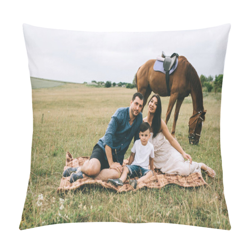 Personality  Parents And Son Sitting On Blanket On Field And Looking At Camera Pillow Covers