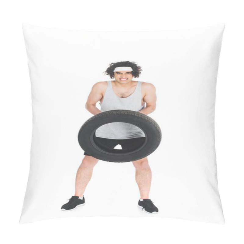 Personality  Thin Sportsman Holding Tire In Hands Isolated On White Pillow Covers