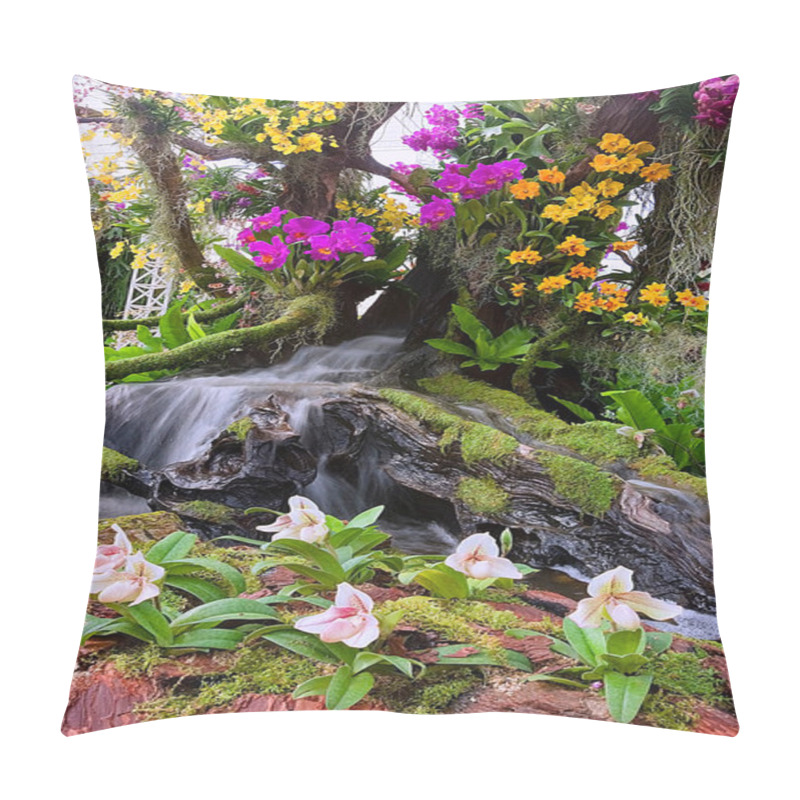 Personality  Waterfall In Garden,Orchid Garden. Beautiful Flower Garden. Beautiful Garden.  Pillow Covers