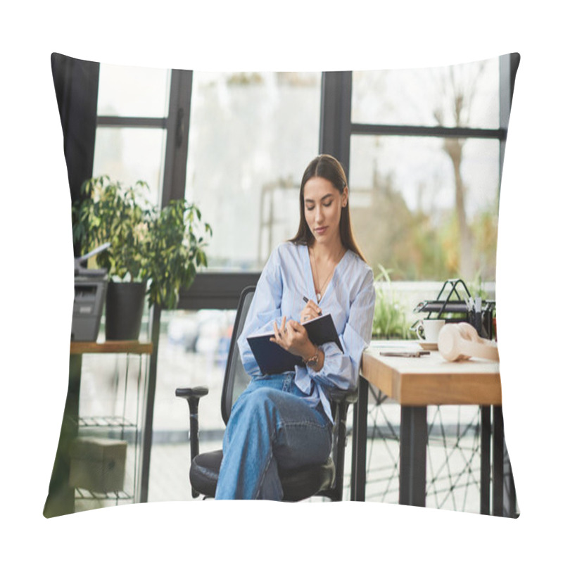 Personality  Beautiful Brunette Woman Writes In Her Notebook At A Bright And Inspiring Office Space. Pillow Covers