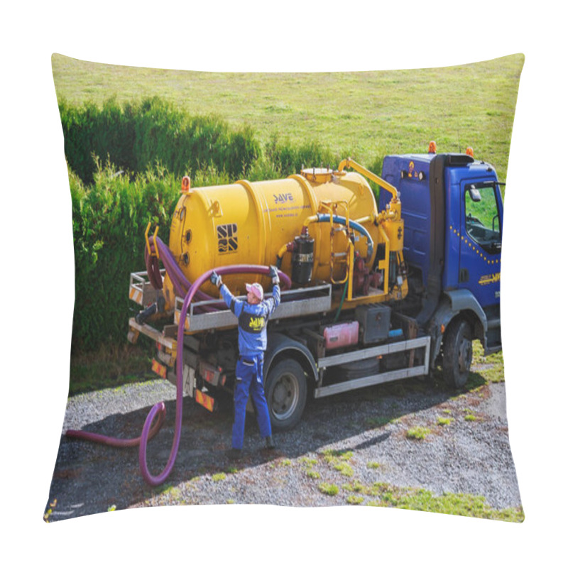 Personality  Skutc, Czech Republic - October 16 2019: Sewer Pumping Machine. Sewage Tank Truck. Pillow Covers