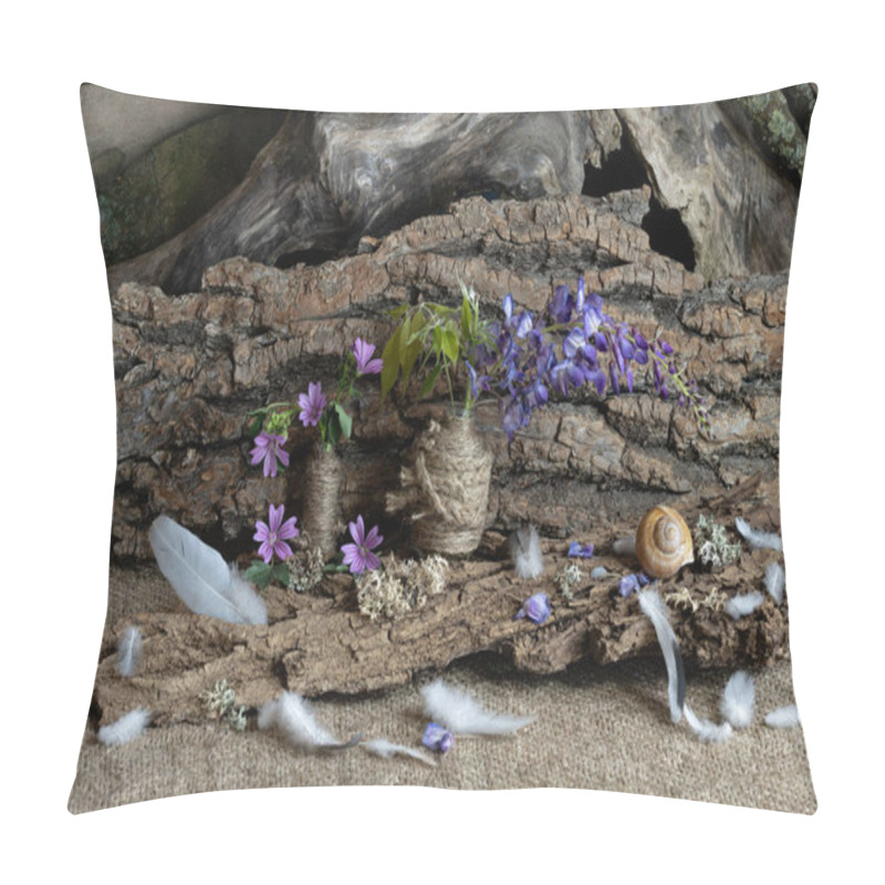 Personality  Composition, Ikebana, Still Life Of Summer Wildflowers, Tree Roots, Snail Shell, Bird Feathers, Field Grass Spikes. Pillow Covers