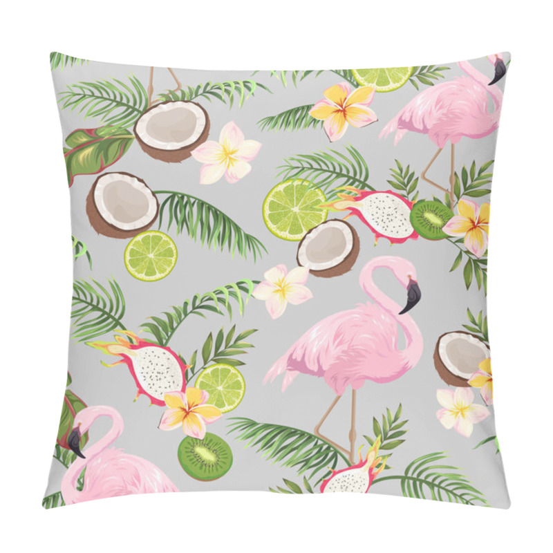 Personality  Seamless Pattern With Pink Flamingos, Fruits And Palm Leaves Pillow Covers