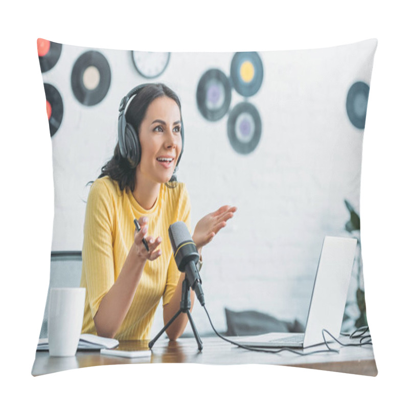 Personality  Smiling Radio Host Gesturing While Recording Podcast In Broadcasting Studio Pillow Covers