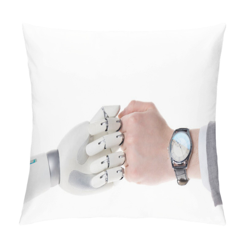 Personality  Cropped Shot Of Robot And Businessman Doing Bro Fist Gesture Isolated On White Pillow Covers