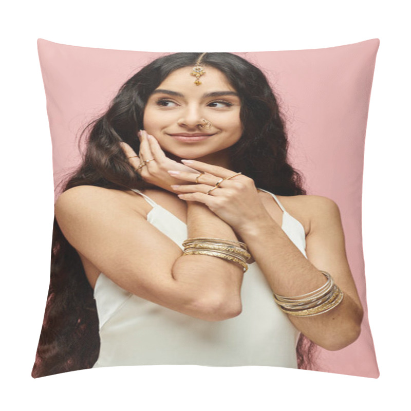 Personality  Indian Woman With Long Hair Striking A Pose On A Pink Background. Pillow Covers