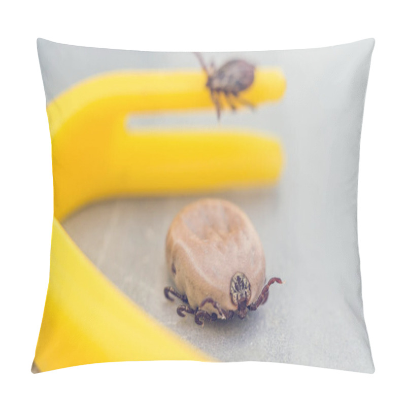 Personality  Mite Crawling On A Yellow Tweezers For Removing Ticks. Pillow Covers