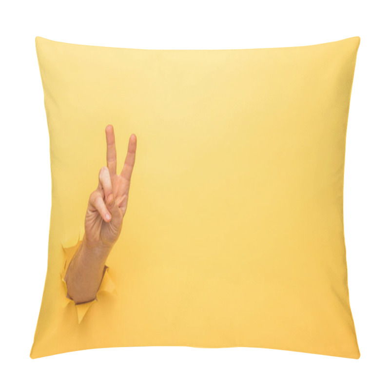 Personality  Cropped View Of Man Showing Peace Sign Through Yellow Paper Hole  Pillow Covers