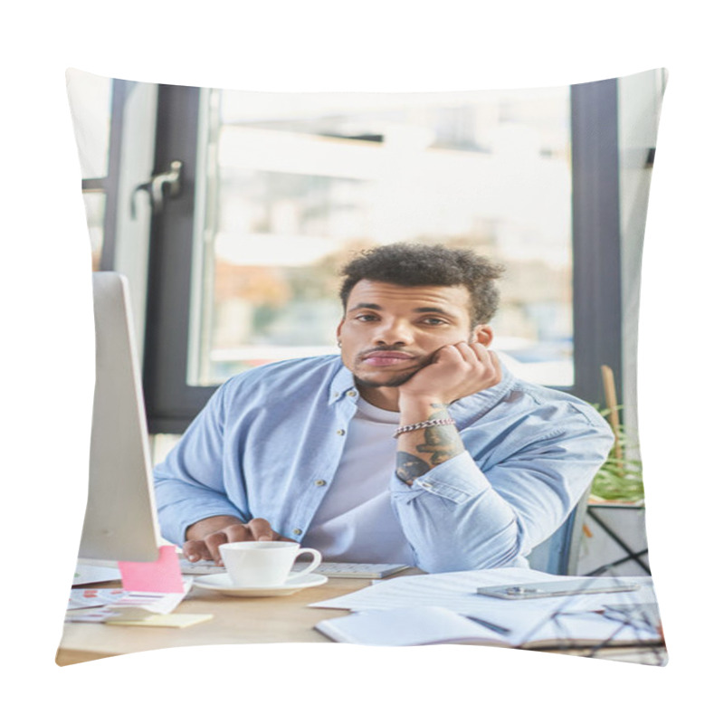 Personality  Handsome Man Sitting At A Desk, Contemplating Ideas While Surrounded By Office Materials. Pillow Covers