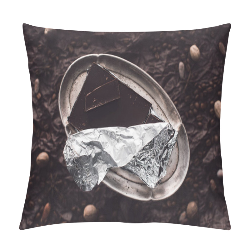 Personality  Elevated View Of Chocolate In Foil On Silver Trail Surrounded By Coffee Grains, Cocoa Beans And Nutmegs On Surface Covering By Black Crumpled Paper  Pillow Covers