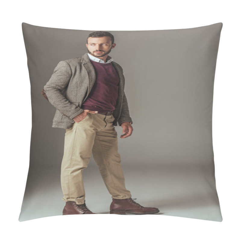 Personality  Bearded Man Posing In Stylish Autumn Tweed Jacket, On Grey Pillow Covers