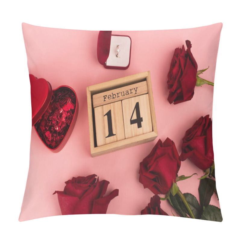 Personality  Top View Of Red Roses Near Calendar With 14 February Lettering, Confetti And Engagement Ring On Pink  Pillow Covers