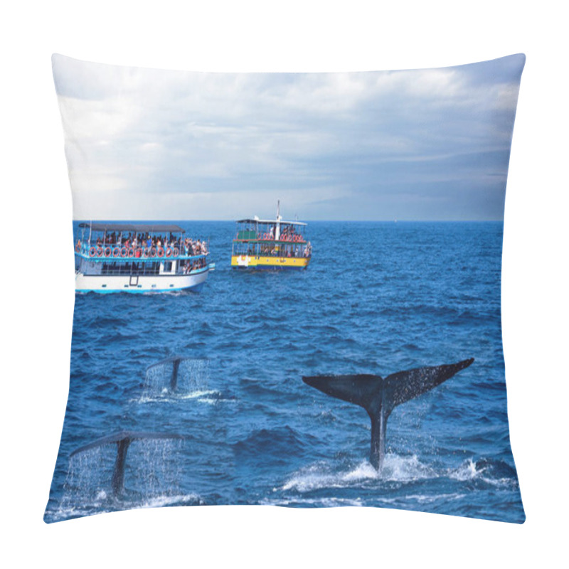 Personality  Sri Lanka, Mirissa - June 30, 2022: Tourist Boats And Whale Tails Ocean View, Whales Watching Safari. Pillow Covers