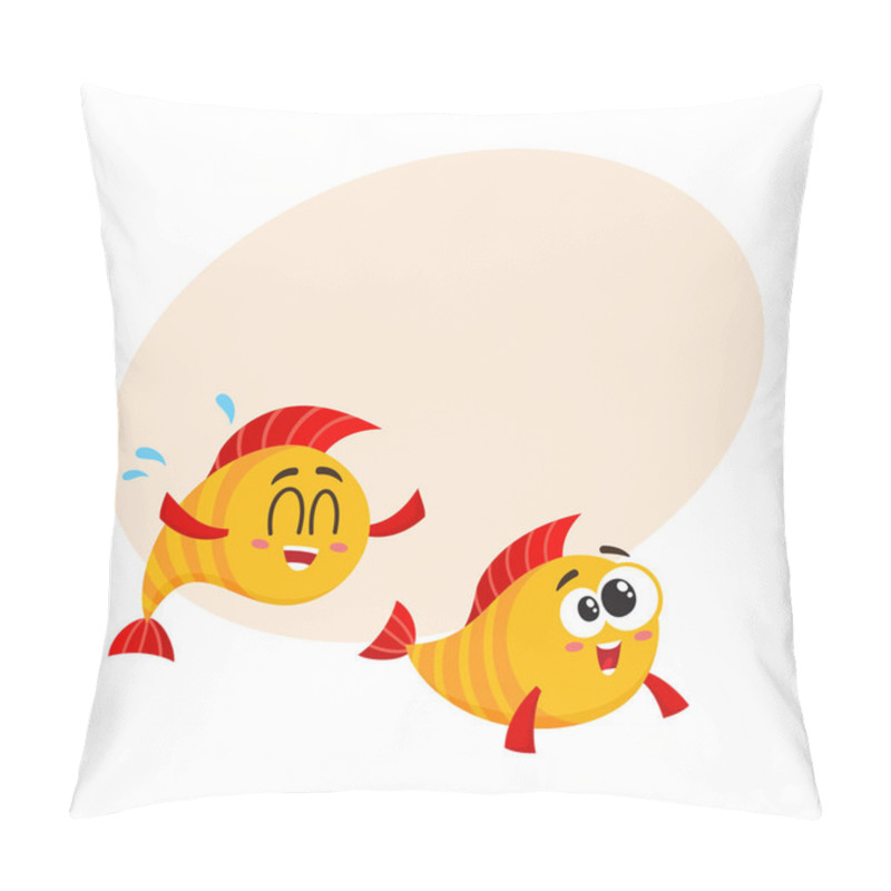 Personality  Two Funny, Smiling, Crazy Golden Fish Characters Swimming Together Pillow Covers