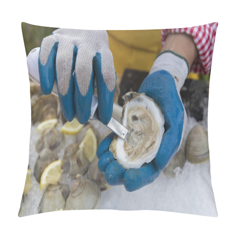 Personality  Gloved Hands Shucking An Oyster Over Ice Pillow Covers