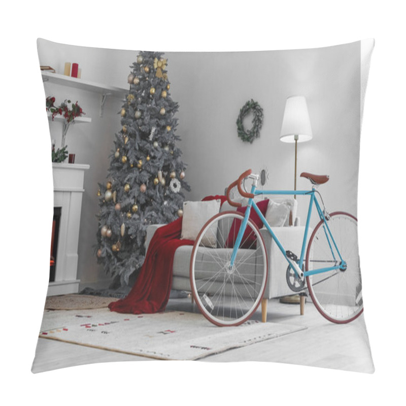 Personality  Interior Of Living Room With Bicycle, Sofa And Christmas Tree Pillow Covers