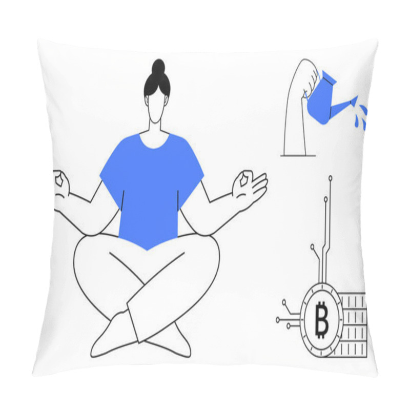 Personality  Meditating Person In Blue Shirt, A Hand Using A Watering Can, And A Blockchain Symbol. Ideal For Wellness, Technology, Growth, Balance, And Financial Themes. Clean Vector Art Pillow Covers