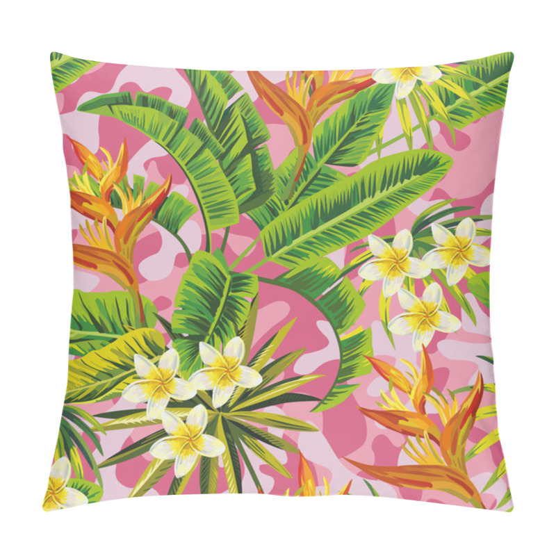 Personality  Tropical Exotic Plumeria Flowers With Green Leaves Of Banana Palm On A  Pink Camo Background. Seamless Pattern. Fashion Trendy Summer Wallpaper Pillow Covers