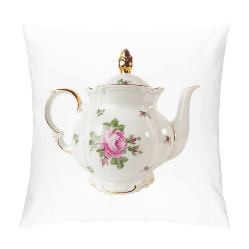 Personality  Porcelain Teapot With A Pattern Of Roses And Gold In Classic Style Isolated On White Pillow Covers