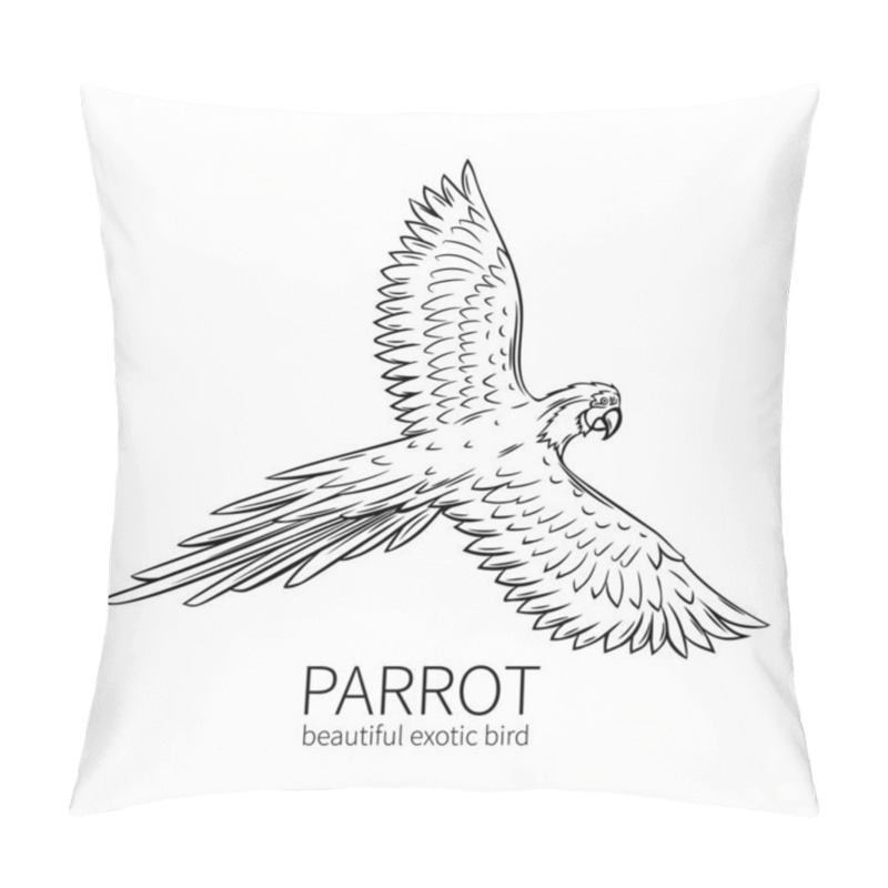 Personality  Parrot, Exotic Tropical Bird Flies. Hand Drawn Illustration For Summer Tropical Paradise Advertising Vacation Design. Pillow Covers