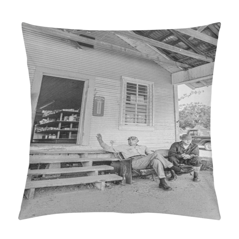 Personality  Macedonia, Arkansas, United States  June 23,  2024: Horizontal Shot Of Two Men Sitting And Talking Outside A 1970s Old Country Store. Pillow Covers