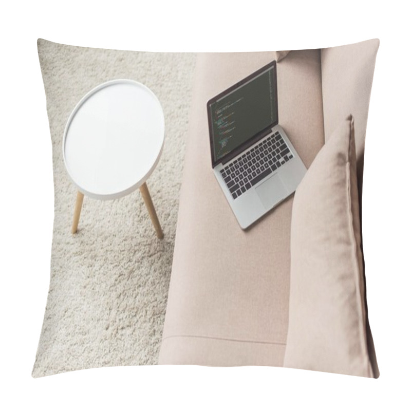 Personality  High Angle View Of Programmer Laptop With Code On Screen On Cozy Couch Pillow Covers