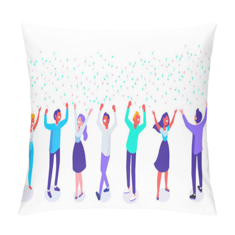 Personality  Happy Positive Young People Have Fun Together. Celebration.JoyfulI Isometric People With Raised Hands.  Flat Cartoon Style. Vector Illustration.  Pillow Covers