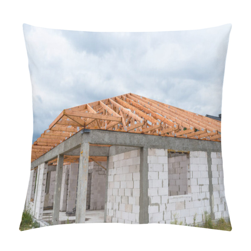 Personality  Roof Trusses Not Covered With Ceramic Tile On A Detached House Under Construction, Visible Roof Elements, Battens, Counter Battens, Rafters. Pillow Covers