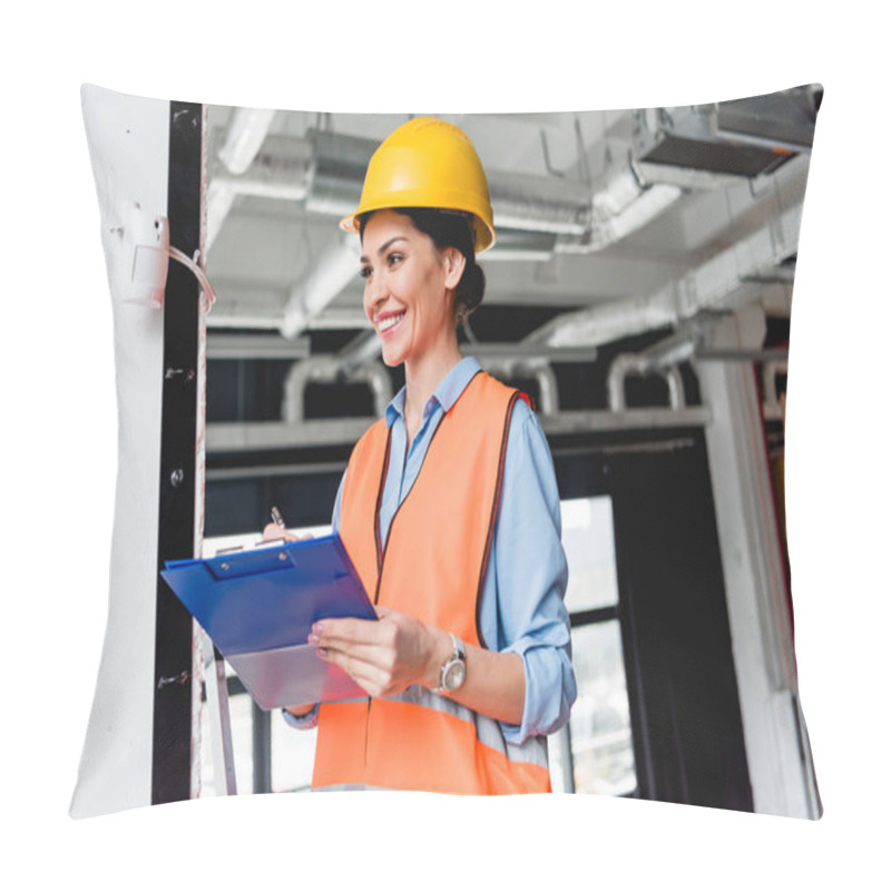 Personality  Cheerful Female Firefighter Standing Near Fire Alarm While Holding Clipboard Pillow Covers