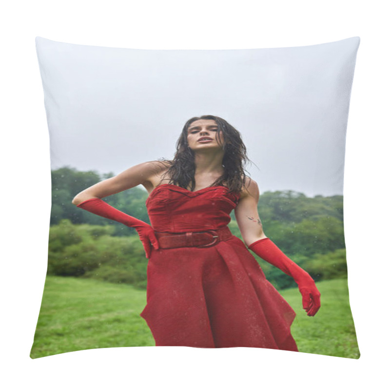 Personality  A Young Woman In A Scarlet Dress And Long Gloves Stands Gracefully In A Vast Field, Embracing The Gentle Summer Breeze. Pillow Covers