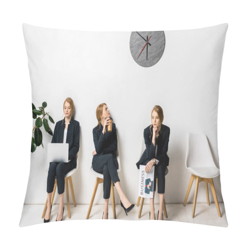 Personality  Collage Of Businesswoman With Various Objects And Emotions Waiting In Queue Pillow Covers