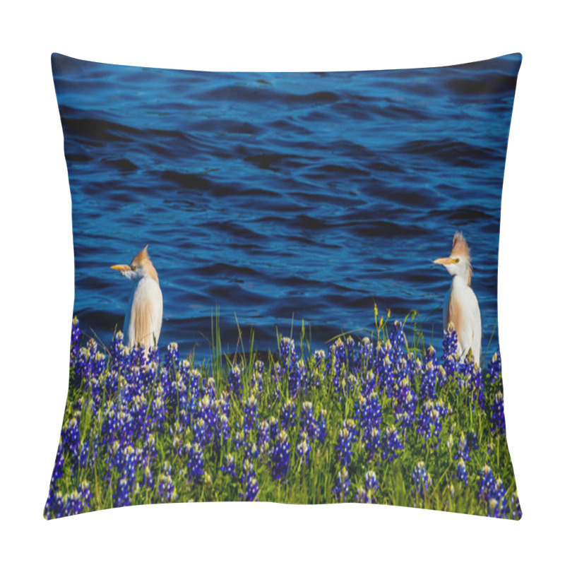 Personality  Egrets In Texas Bluebonnets At Lake Travis At Muleshoe Bend In T Pillow Covers