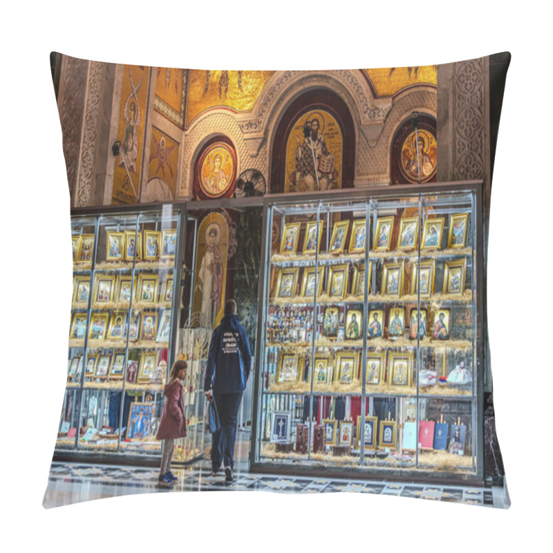 Personality  People Pray In An Orthodox Church, Frescoes On The Ceilings And Walls Of The Church. High Quality Photo Pillow Covers