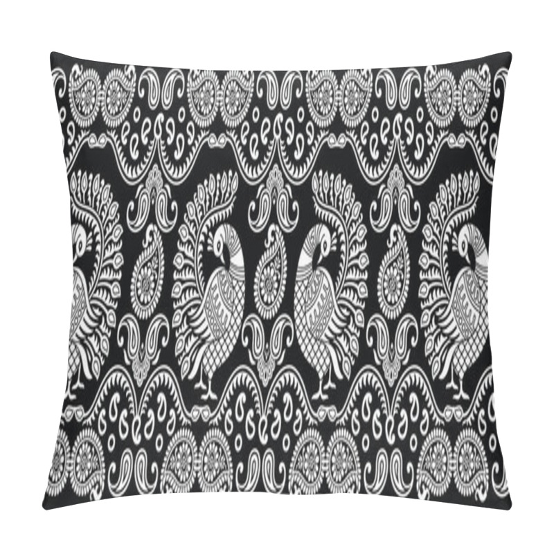 Personality  Seamless Traditional Indian Black And White Peacock Border Pillow Covers