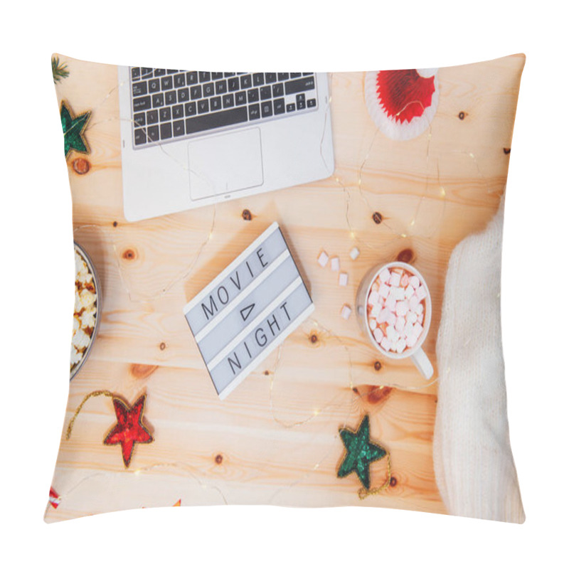 Personality  Top View Christmas Movie Night Concept. Flat Lay Composition With Movie Night Message On The Board, Laptop, Popcorn Bowl, Decor, A Cup Of Cocoa With Marshmallows And Warm Plaid On Wooden Background. Pillow Covers