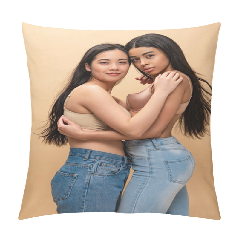 Personality  Two Happy Multicultural Girls In Blue Jeans And Bra Hugging And Looking At Camera Isolated On Beige, Body Positivity Concept Pillow Covers