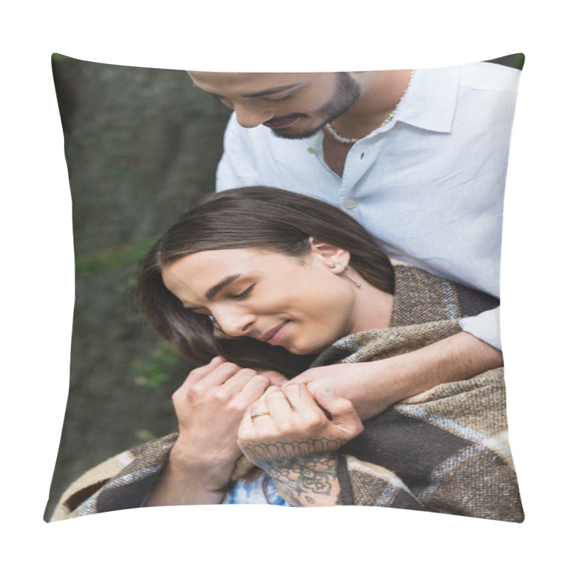 Personality  Bearded Gay Man Hugging Smiling Husband In Blanket With Wedding Ring On Finger Pillow Covers