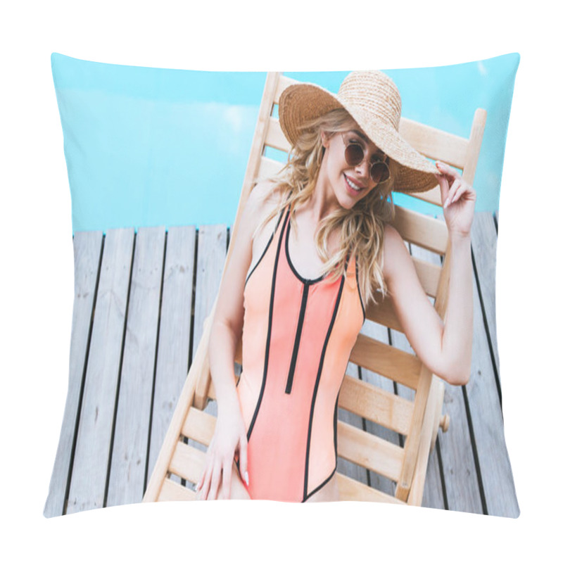 Personality  High Angle View Of Beautiful Smiling Young Woman In Swimsuit, Straw Hat And Sunglasses Resting On Chaise Lounge At Poolside Pillow Covers