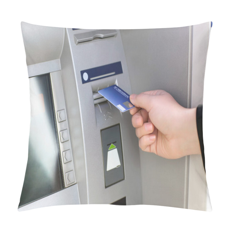 Personality  Men Hand Businessman Puts Credit Card Into ATM Pillow Covers